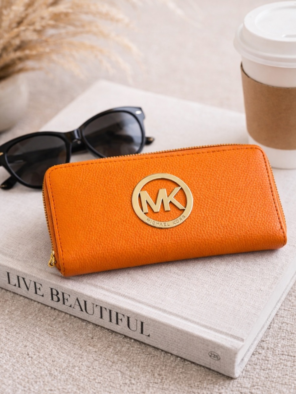 Michael Kors Orange Leather Zip Wallet with Gold MK Emblem